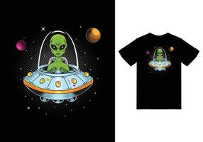 Alien ufo illustration with tshirt design premium vector