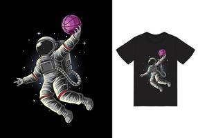 Astronaut basketball slam dunk in space illustration with tshirt design premium vector