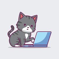 lindo gato trabajando en una computadora portátil ilustración de dibujos animados vector