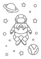 Cute astronaut with duck balloon coloring book illustration vector