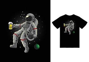 astronauta bebiendo en la ilustración espacial con diseño de camiseta vector premium