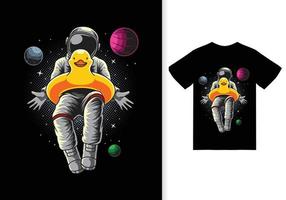 Astronaut duck balloon cartoon illustration with tshirt design premium vector