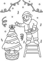 Santa claus puts a star on the christmas tree coloring book illustration vector
