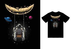 astronauta columpiándose en la ilustración de la luna con diseño de camiseta vector premium