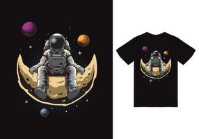 astronaut sitting on moon illustration with tshirt design premium vector