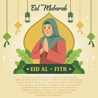 Flat design eid mubarak woman praying premium vector