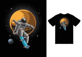 Astronaut playing skateboard in space illustration with tshirt design premium vector