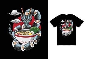 Dragon sushi ramen illustration with tshirt design premium vector