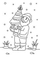 Santa claus holding christmas tree coloring book illustration vector