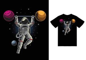 levantamiento de pesas de astronauta en ilustración espacial con diseño de camiseta vector premium