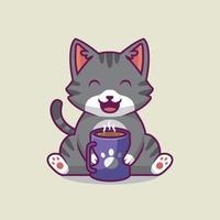 Cute cat drink hot coffee cartoon illustration vector