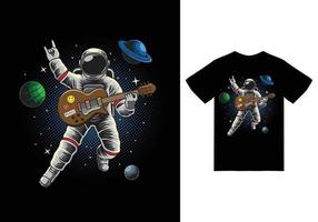 Astronaut playing guitar in space illustration with tshirt design premium vector