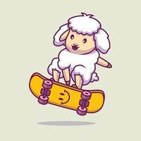 cute sheep playing skateboard cartoon illustration vector