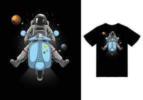 Astronaut riding scooter on space illustration with tshirt design premium vector