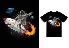 astronauta montando cohete en ilustración espacial con diseño de camiseta vector premium