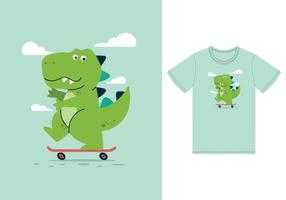 Cute dino playing skateboard illustration with tshirt design premium vector