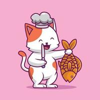 lindo gato con cuchillo y pez ilustración de dibujos animados vector