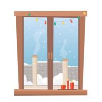 ventana de ventanas con techos de nieve y luces de navidad y velas sobre fondo blanco aislado vector