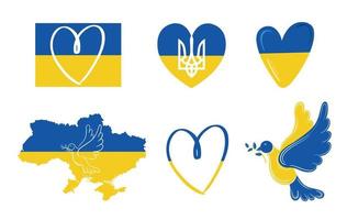 Ukrainian set flag, heart, arms, map on white isolated background vector