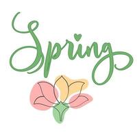 Spring letterng with abstract flowers line and colors vector