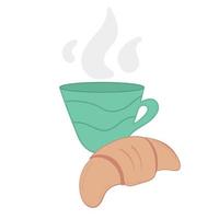 Vector illustration cup of coffee with croissant on white isolated background