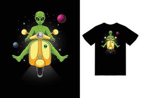 Alien riding scooter in the space illustration with tshirt design premium vector