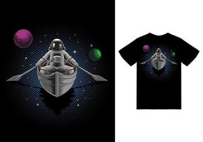 Astronaut in the boat illustration with tshirt design premium vector