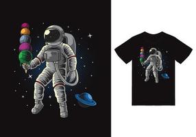 astronauta sosteniendo ilustración de helado con vector premium de diseño de camiseta