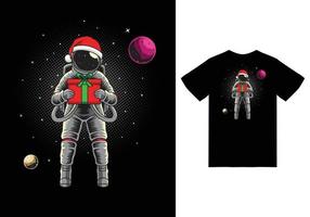 Astronaut holding gift in space illustration with tshirt design premium vector