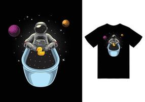 Astronaut bathing in bathtub illustration with tshirt design premium vector