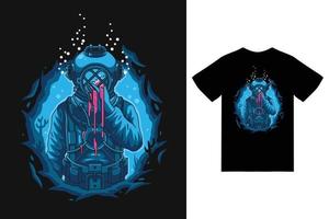 Deep sea illustration with tshirt design premium vector