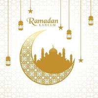 elegante ramadan kareem decorativo luna y mezquita saludo premium vector