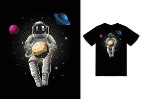 Astronaut holding planet on space illustration with tshirt design premium vector