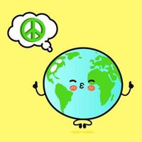 Cute funny planet Earth with speech bubble. Vector hand drawn cartoon kawaii character illustration icon. Isolated on yellow background. Planet Earth character concept