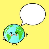 Cute funny planet Earth with speech bubble. Vector hand drawn cartoon kawaii character illustration icon. Isolated on yellow background. Planet Earth character concept