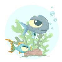 Underwater illustration with fish and seaweed. Isolated on white background. vector