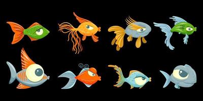 Cute cartoon fish set. Isolated on black background. vector