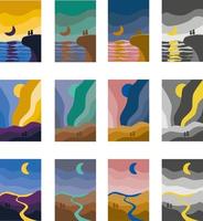 Abstract landscape colorful background. Mountain, sea, river, aurora boreal art poster set of vector illustration