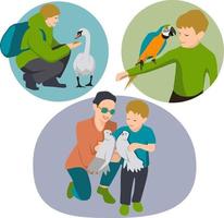 vector illustration set of happy people adult and children with different birds, man father feed goose, child boy holds a macaw parrot on his hand, woman mother with kid pet pigeons
