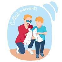Young mother happy spending time with her child. Script collect moments. They hold the doves and smiling together, vecor illustration vector