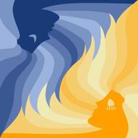Two faces opposite each other. Could be a concept for the sun and moon, hot and cold, orange and blue, summer and winter, light and dark, day and night or similar. Vector illustration