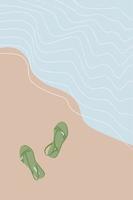 Flip-flops on a sandy ocean beach. Sandals near the sea. Summer vacation vector illustration. Abstract background of shore and waves