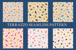 Collection of terrazzo geometric textures. Seamless patterns with colorful shapes. Creative vector illustration for backdrop, textile print, flooring