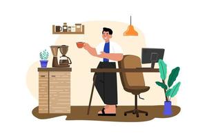 Employee drinking coffee while working from home vector