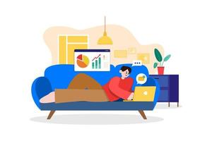 Man Laying on the couch and doing work on a laptop vector