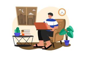 Man working on his laptop on the sofa at home vector