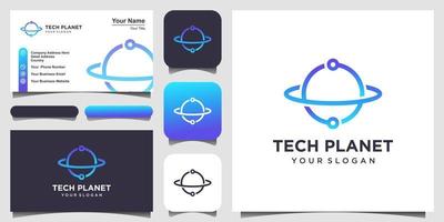 planet technology with line art style, logo and business card design. vector