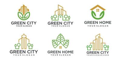 concepto de diseño de logotipo de edificio de ciudad verde abstracto. icono de símbolo de residencial, apartamento y ciudad. vector