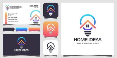 Home and bulb lamp logo design combination with line art style. Line logo with building icons and business card design vector