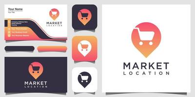 puntero de mapa con ubicación de compras, mapas de pines combinados con espacio negativo de cesta. Diseño de logotipo y tarjeta de presentación. vector